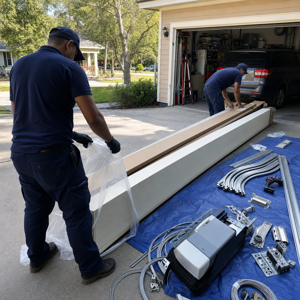 Two professional technicians installing a new residential garage door system