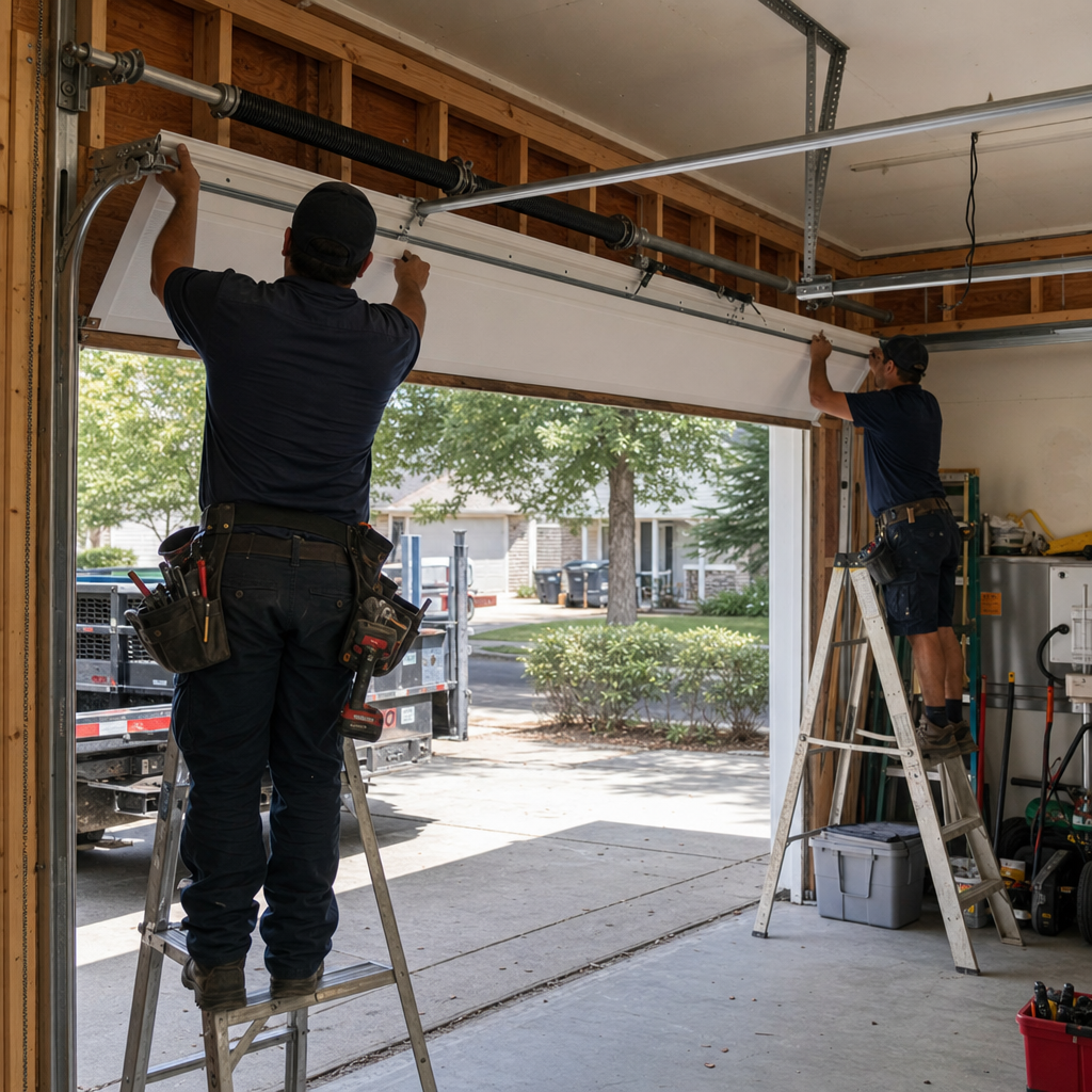 Two professional technicians performing a new residential garage door installation.