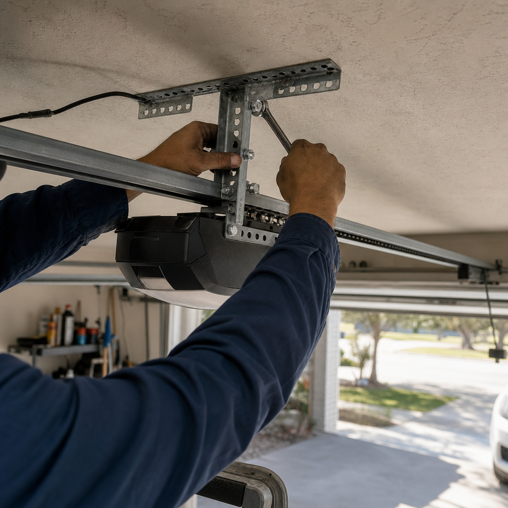 Technician using a wrench to install a garage door opener motor.