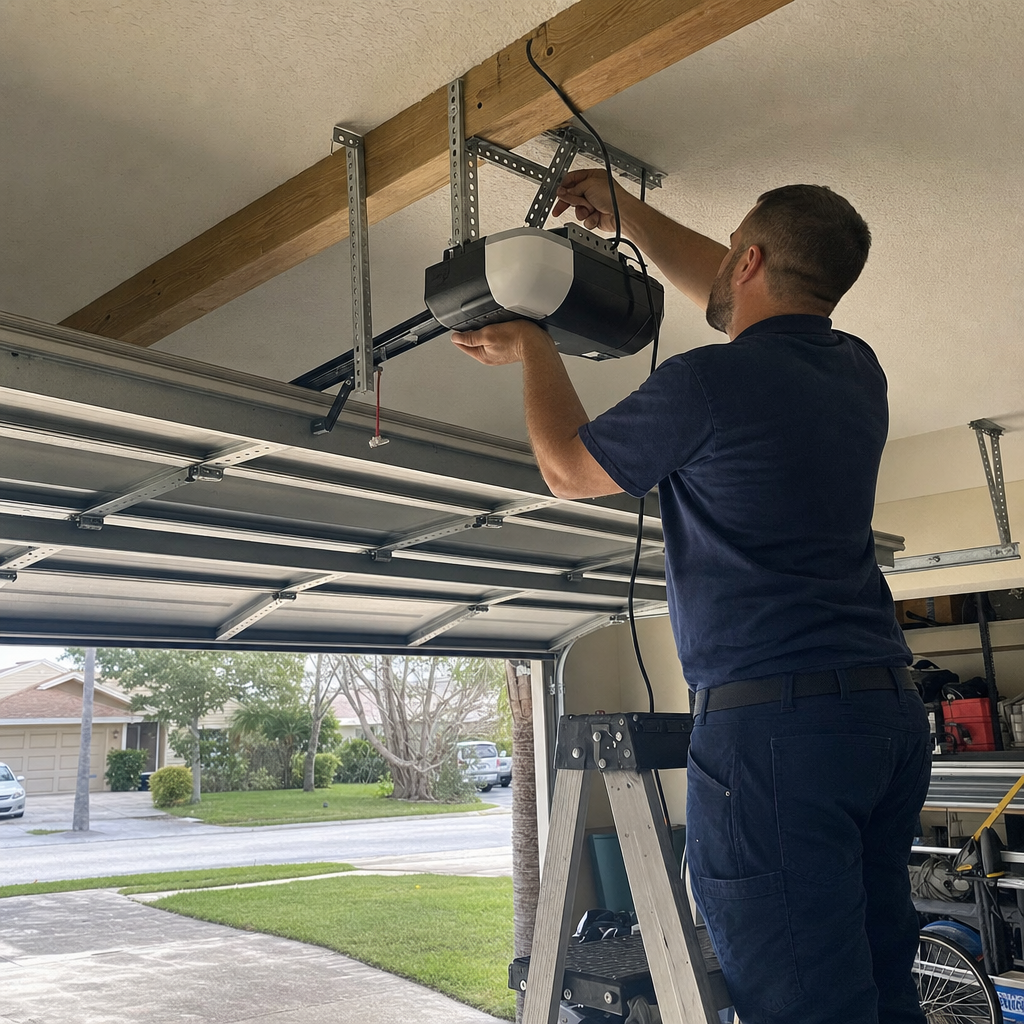 Technician performing professional garage door opener installation and repair service