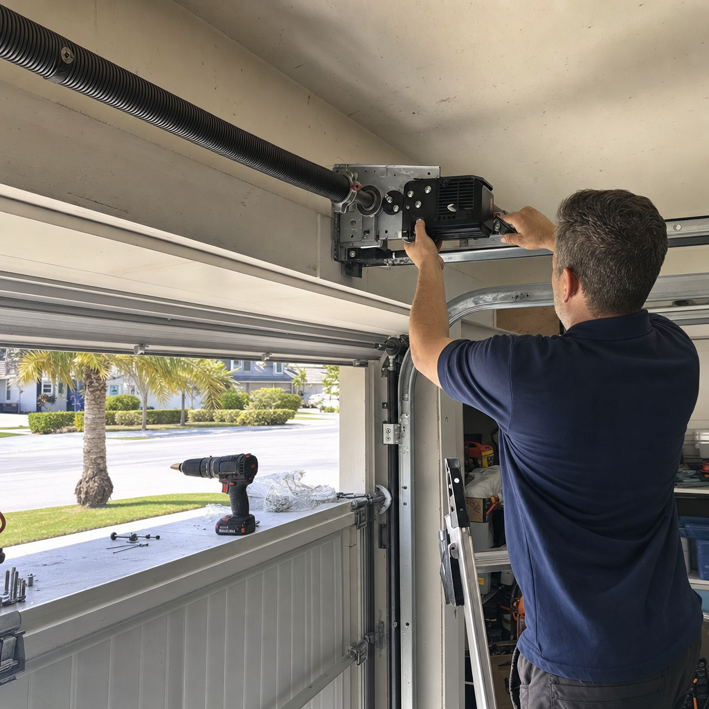 Professional technician installing a wall-mounted garage door opener