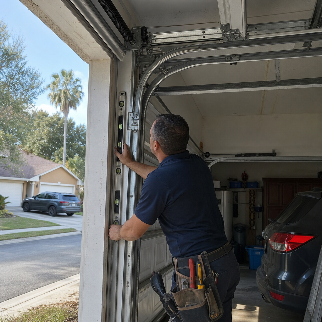 Technician checking vertical alignment of a garage door track with a level