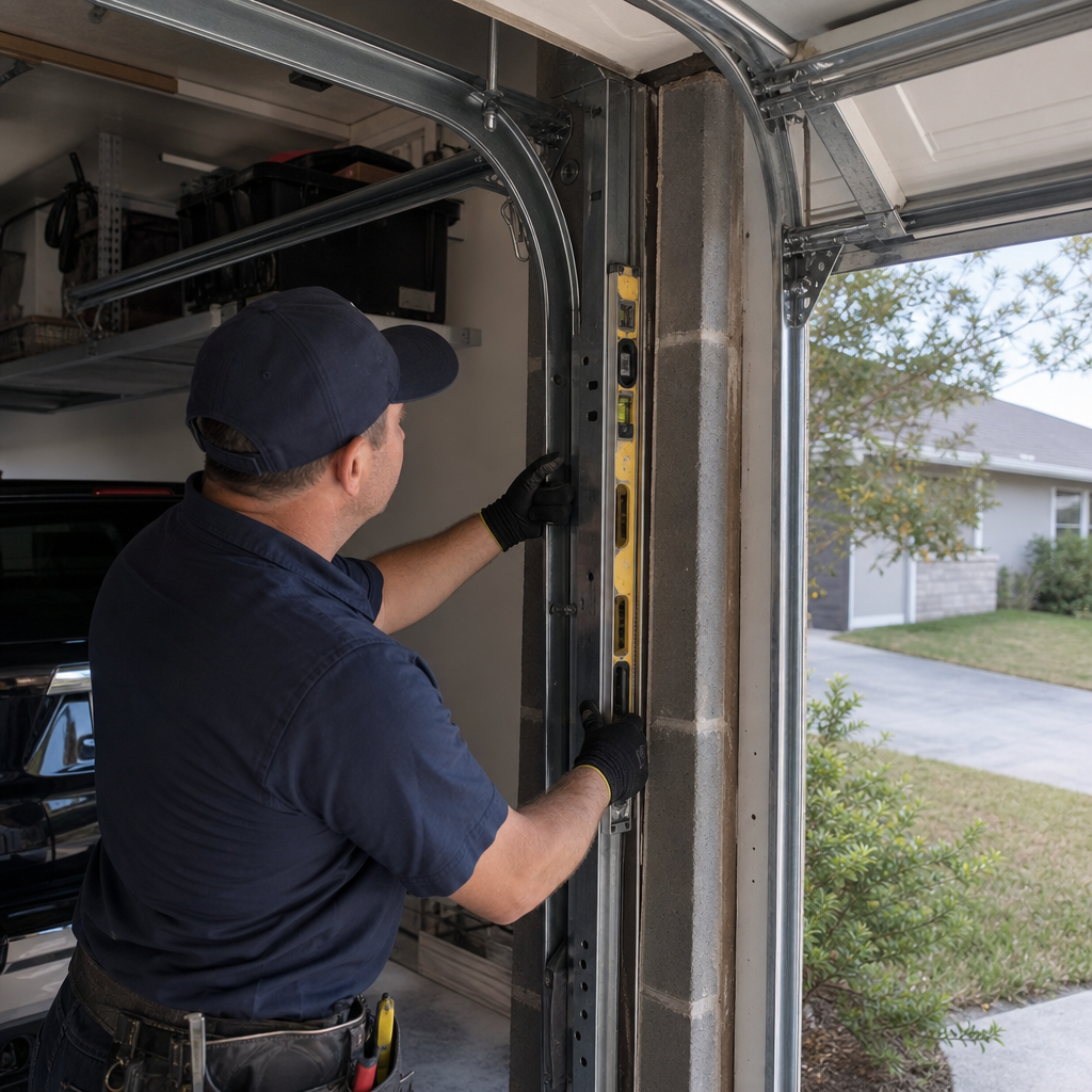 Technician using a level to align a garage door track