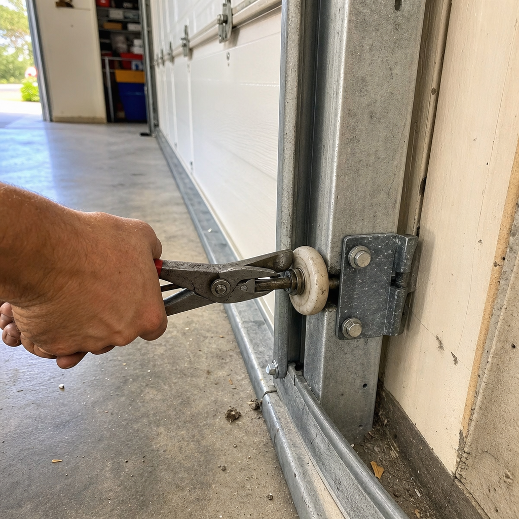 Technician using pliers to repair a garage door roller on track