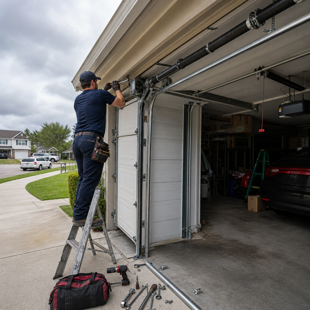 Technician performing an emergency garage door repair on a residential property in Jacksonville, FL