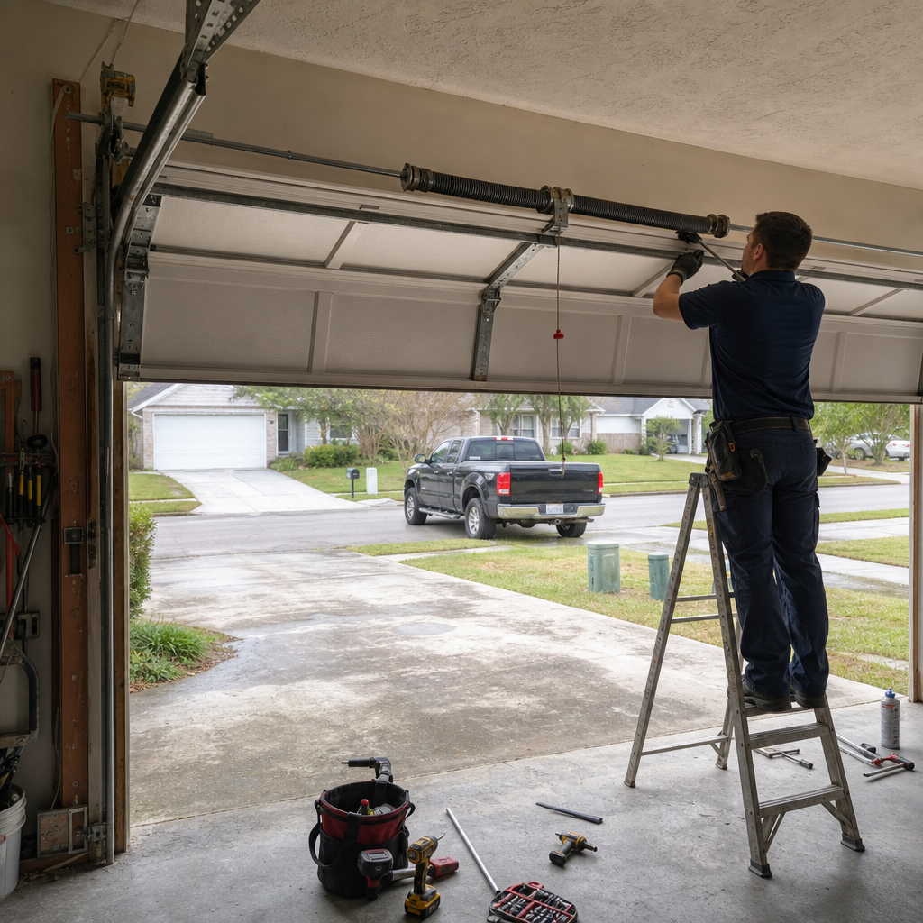 Technician performing emergency garage door spring repair on a ladder in Jacksonville, FL