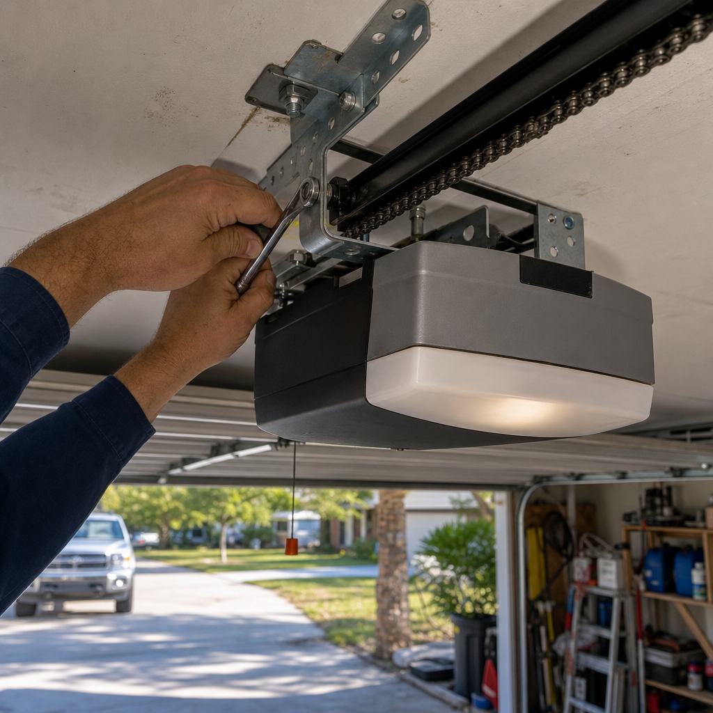Technician repairing a garage door opener motor with a wrench