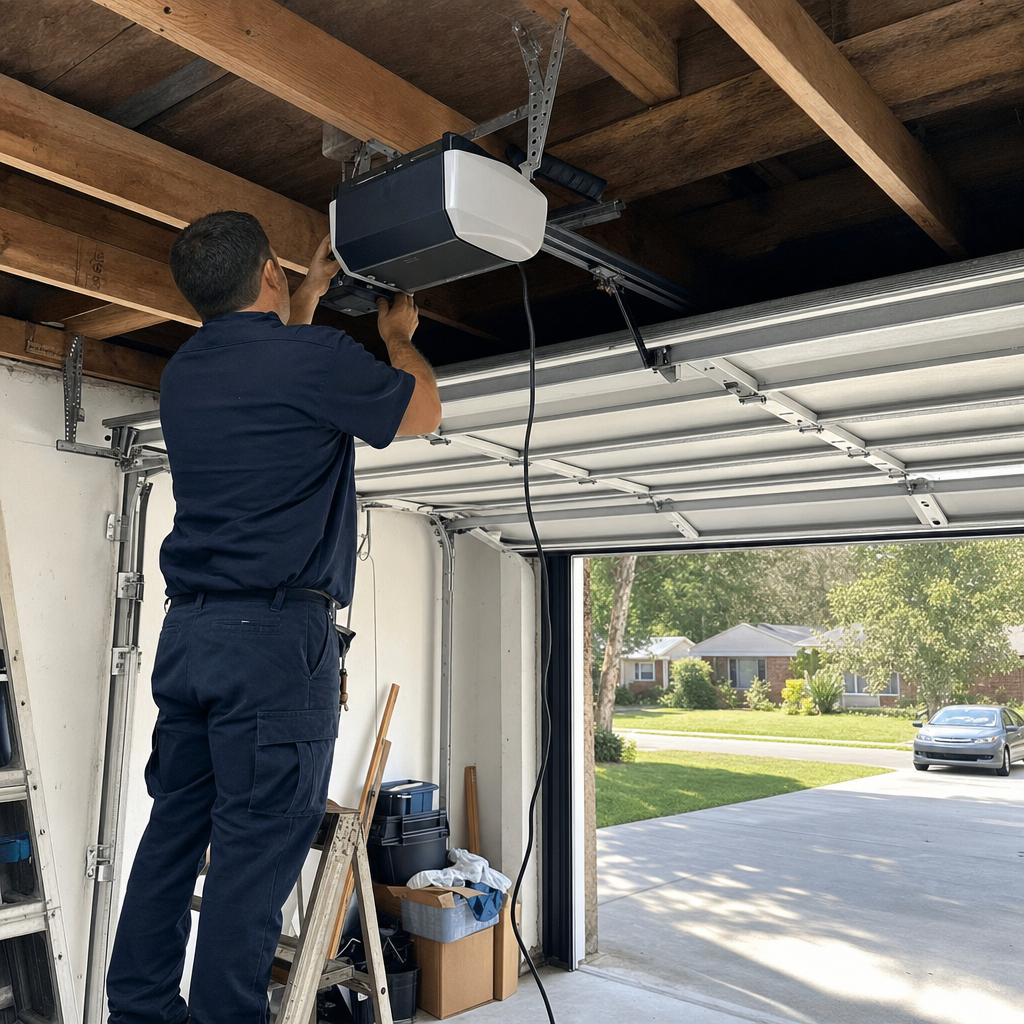 Technician repairing a ceiling-mounted garage door opener motor