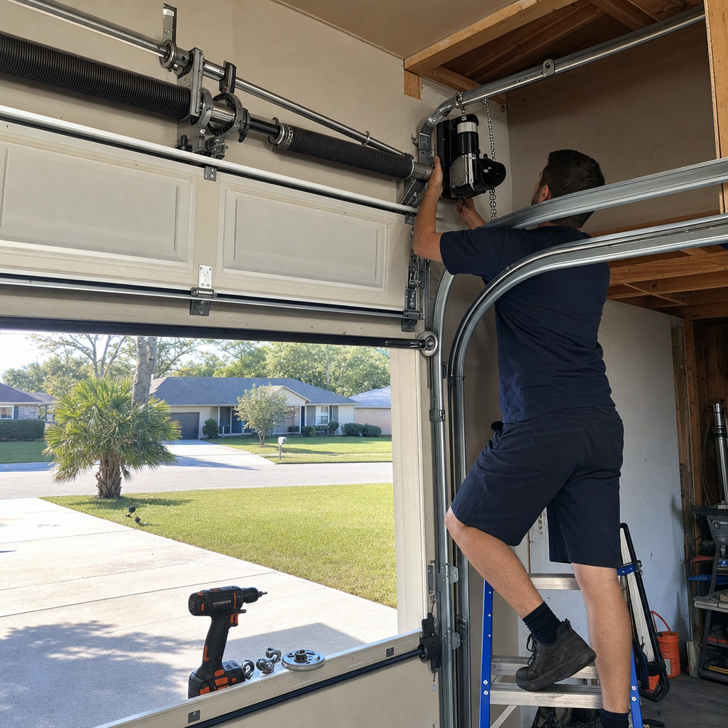 Technician installing a professional jackshaft garage door opener on a residential door.