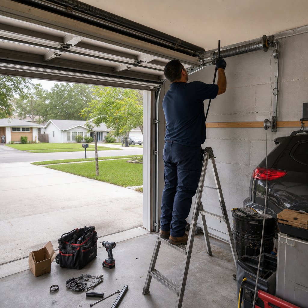 Technician performing professional garage door spring repair and maintenance in Yulee, FL